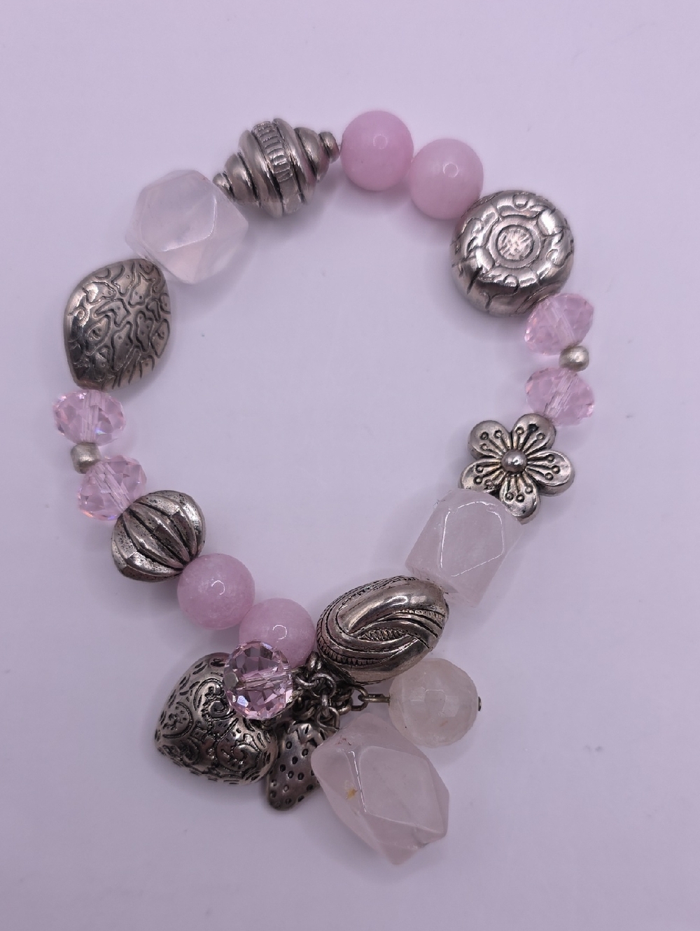 Pink Gemstone Crystal Beaded Charm Stretch Bracelet